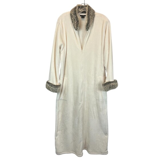 Natori Women's Faux Fur Trimmed Cozy Plush Kaftan Long Rob Size L Ivory Luxury - Picture 1 of 8